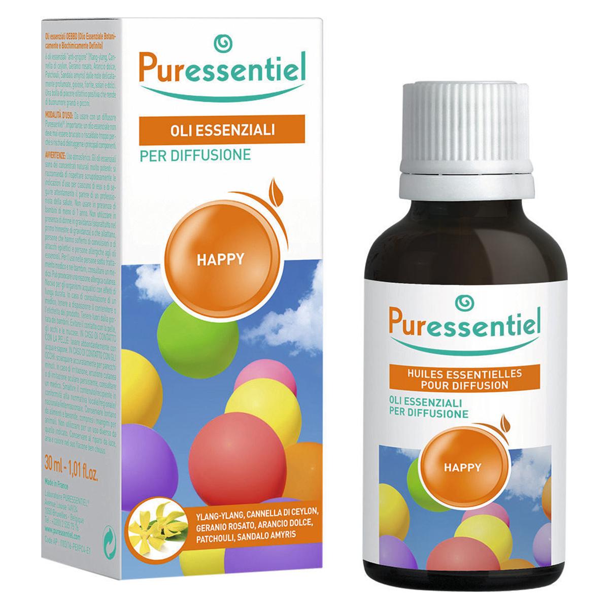 OLI ESSENZIALI 100 % PER DIFFUSIONE - ESSENZA HAPPY - ylang-ylang, cannella di ceylon, geranio rosato, arancio dolce, patchouli,