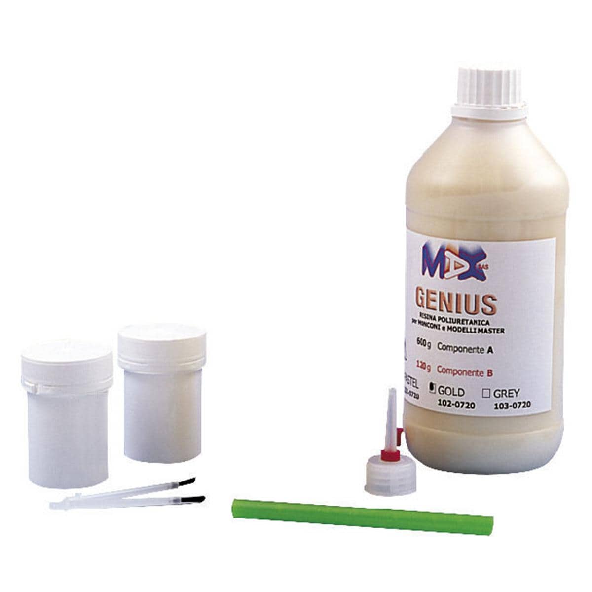 GENIUS - Kit: Confezione: 1 flacone di componente A da 600 g, 1 flacone di componente B da 120 g ed accessori.