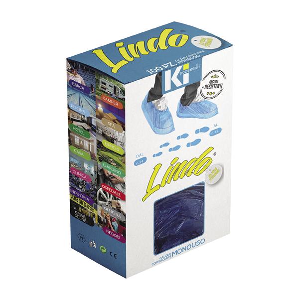 CALZARI IN PE LINDO - LINDO BOX - Confezione dispenser dotata di bi-adesivi per il fissaggio a parete. da 100 pz.