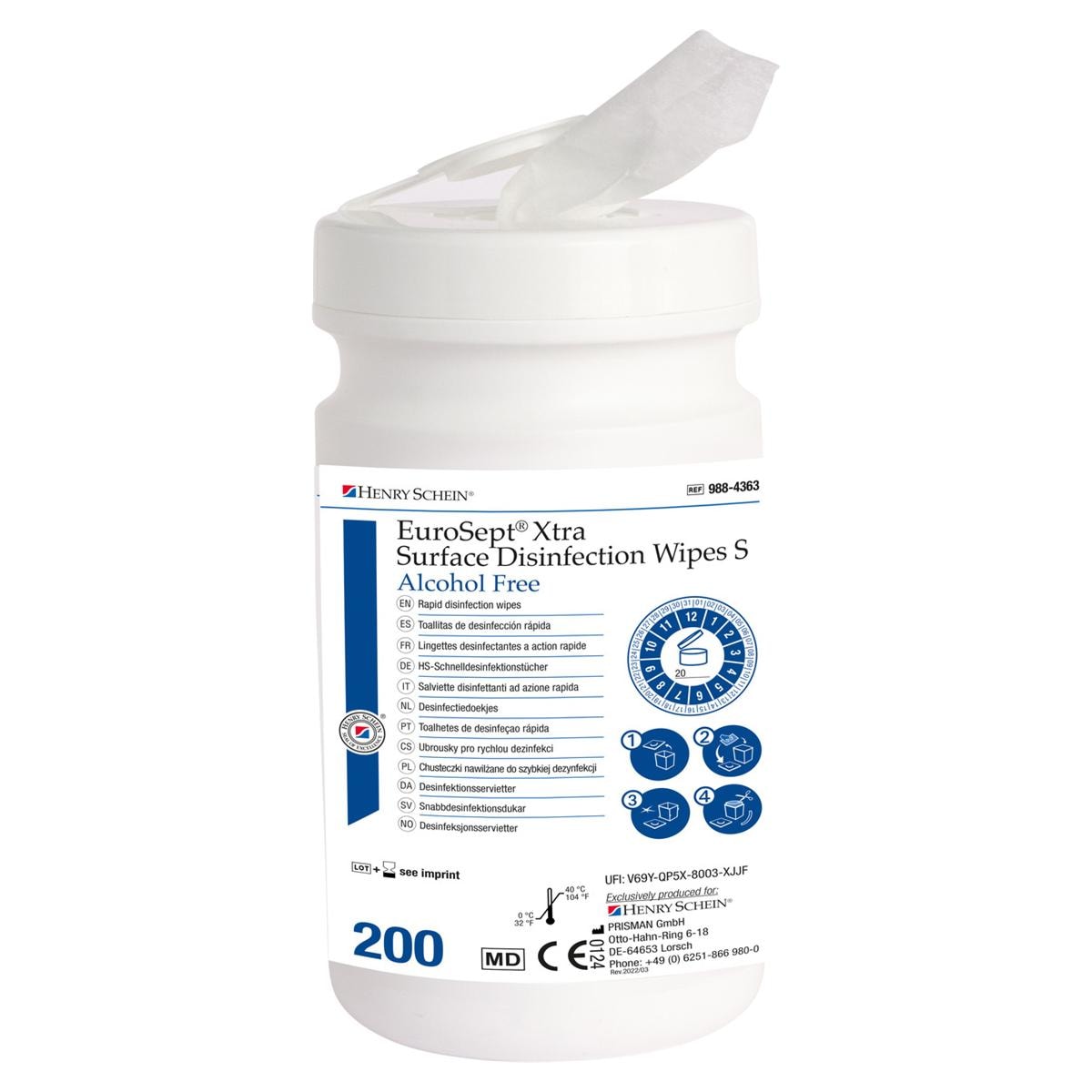 EUROSEPT XTRA SURFACE DISINFECTION WIPES S PRIVE DI ALCOL - Barattolo da 200 salviette